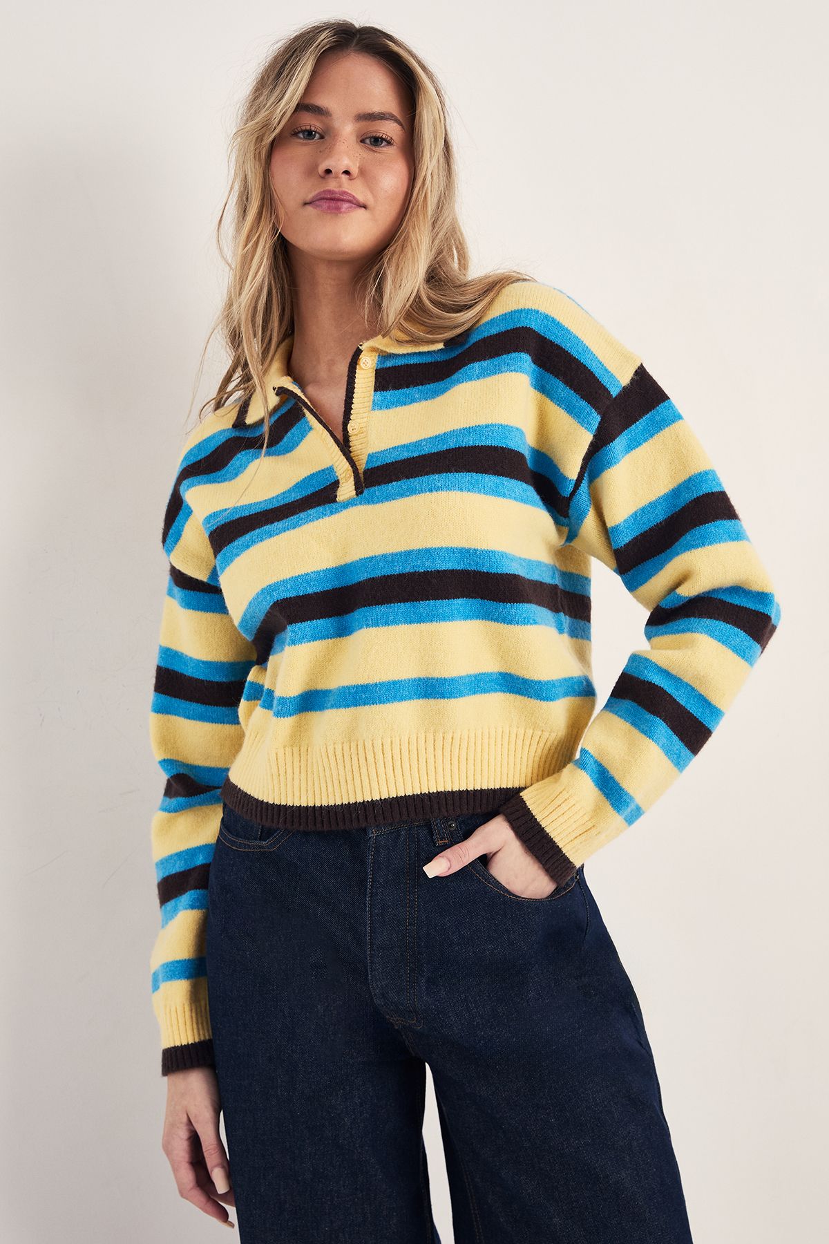 NastyGal Stripe Knitted Polo Jumper Yellow image 3