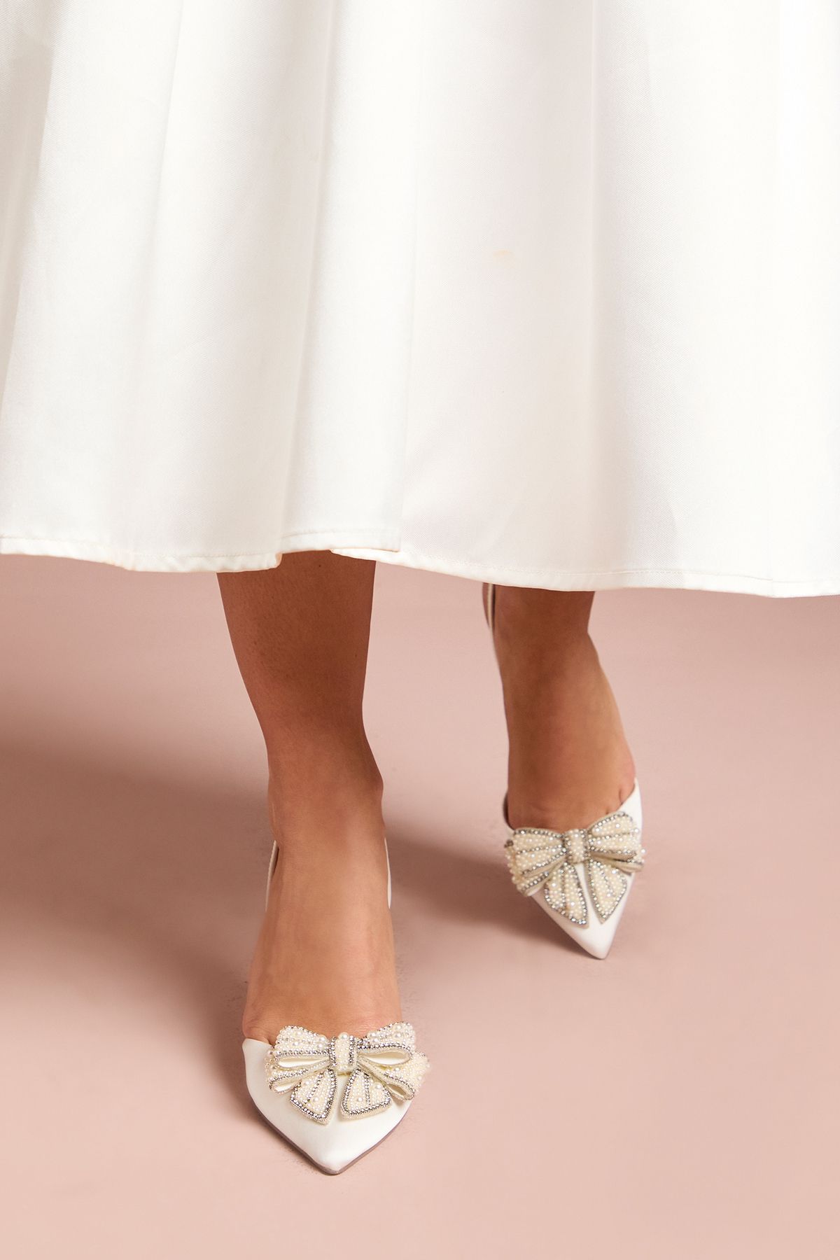 Coast Bridal Selena Satin Pearl Bow Pointed High Stiletto Heel Slingback Court Shoes White image 2