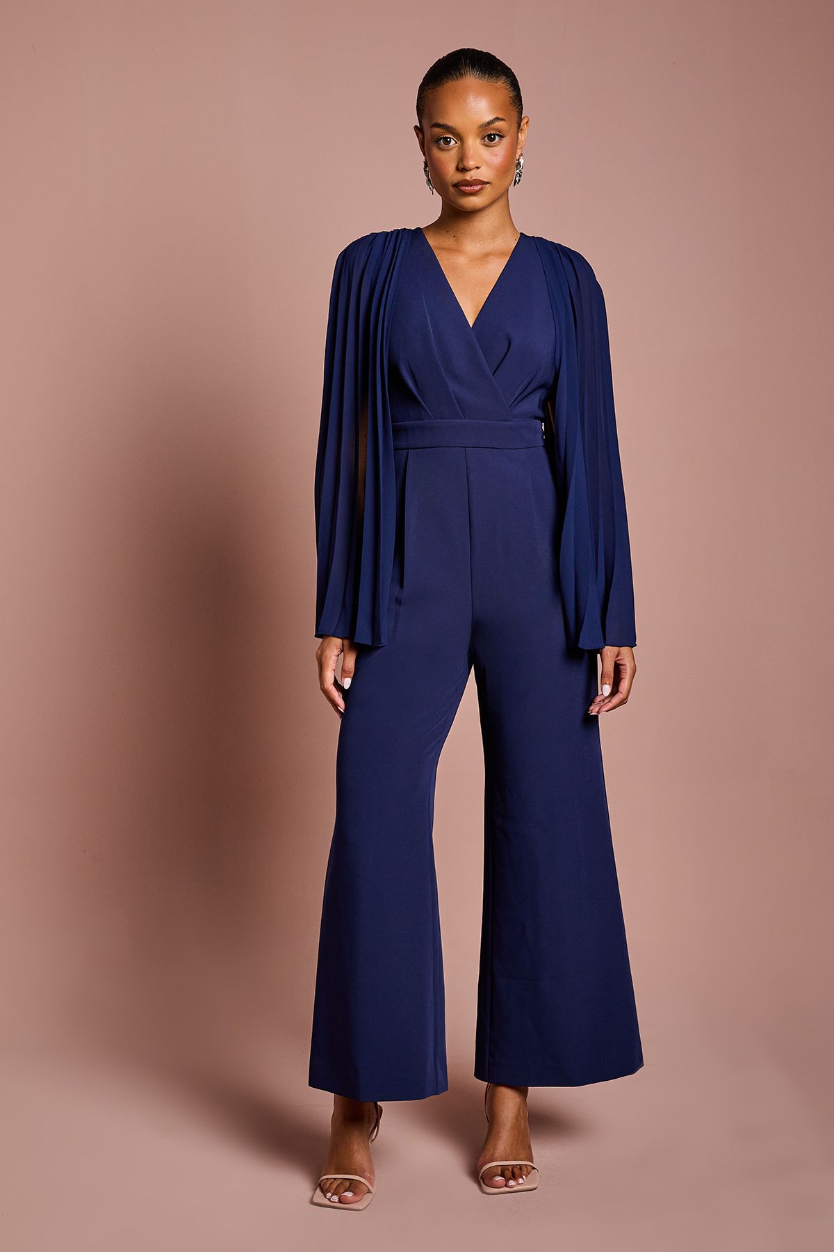 Coast Petite V Neck Pleated Long Sleeve Jumpsuit Navy