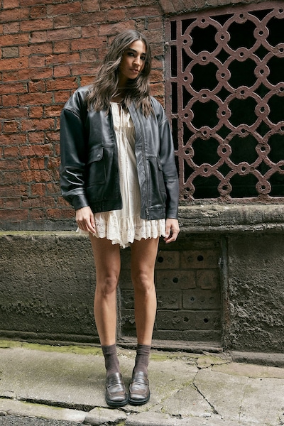 NastyGal Real Leather Oversized Bomber Jacket Chocolate