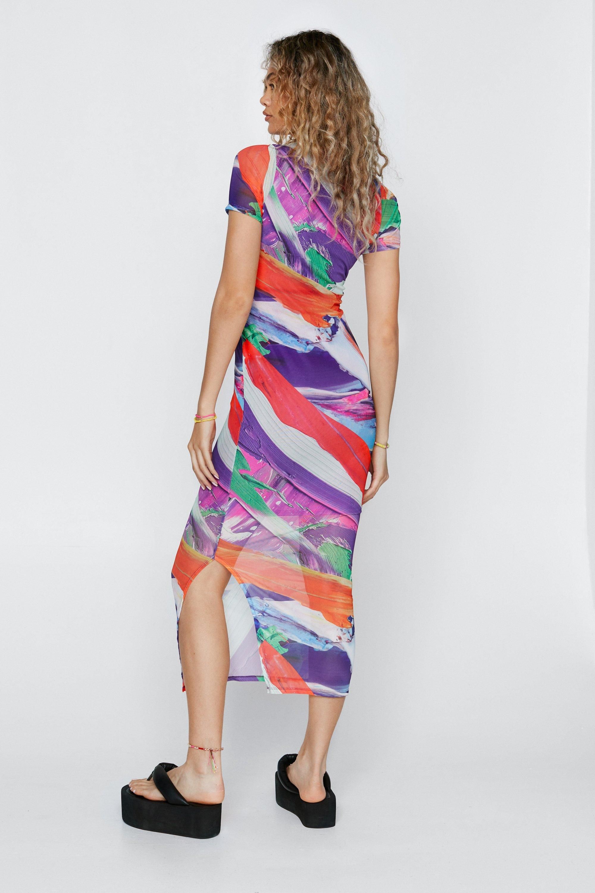 NastyGal Painterly Print Short Sleeve Mesh Midi Dress Multi image 4
