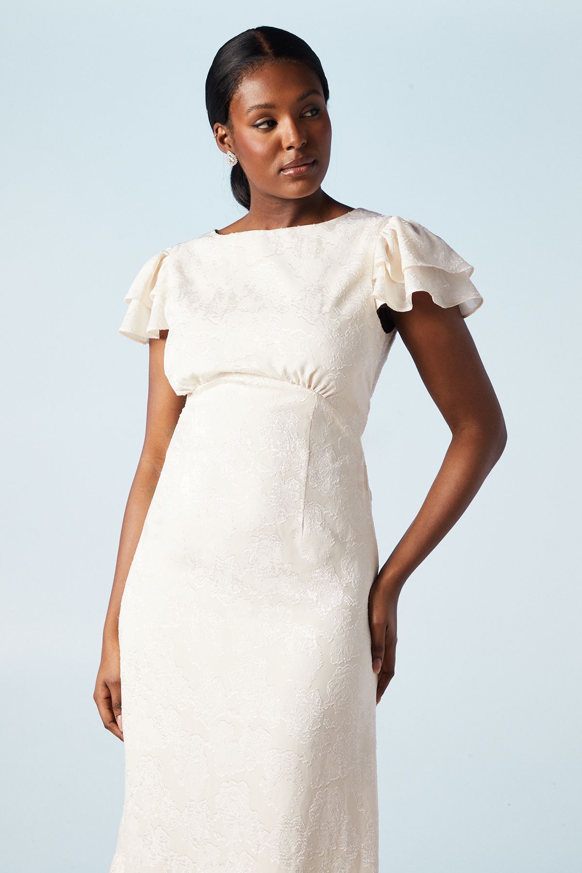 Oasis Satin Jacquard Flutter Sleeve Wedding Maxi Dress Ecru image 2