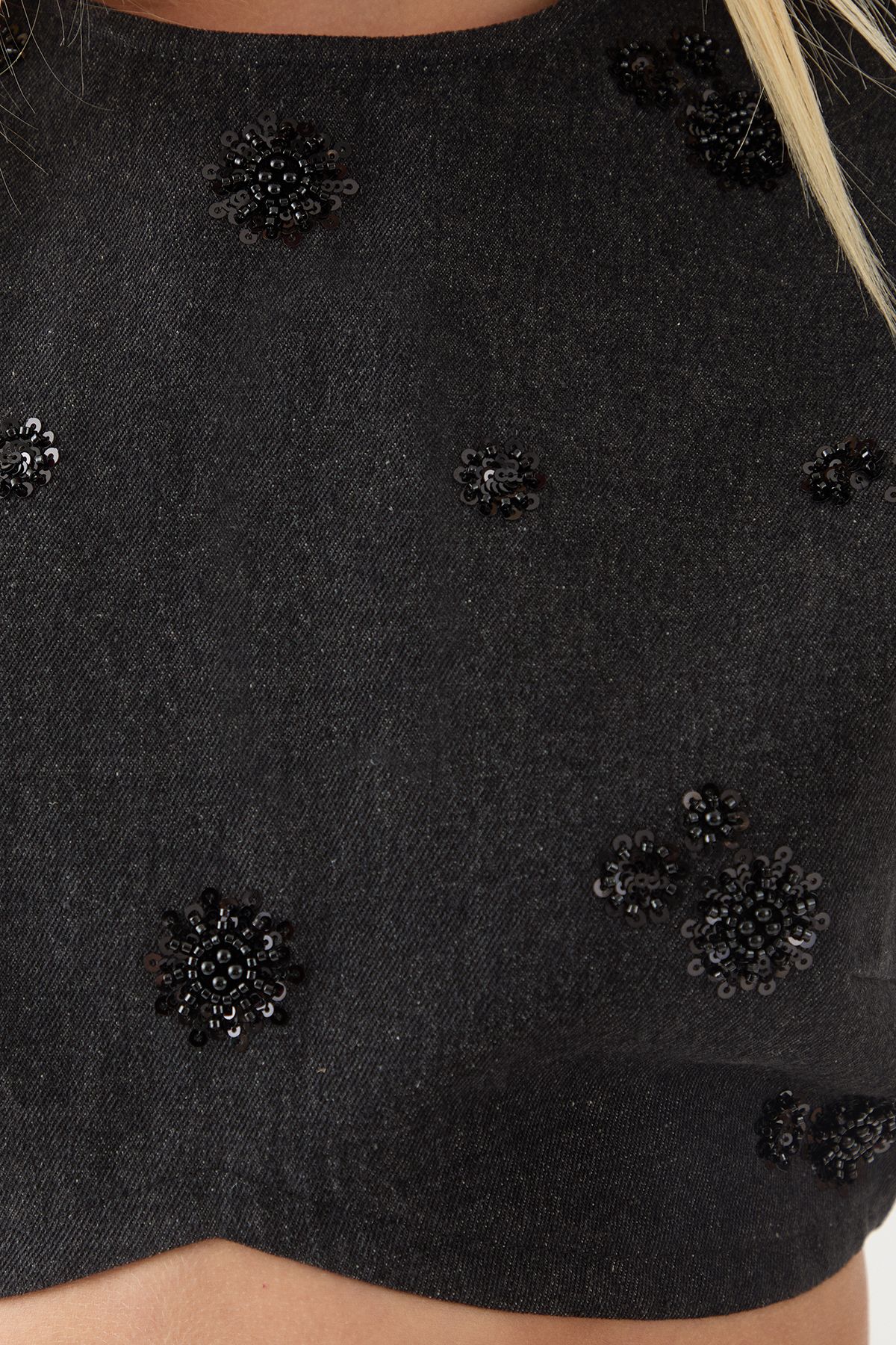 MissPap Denim Embellished Crop Top Black image 5