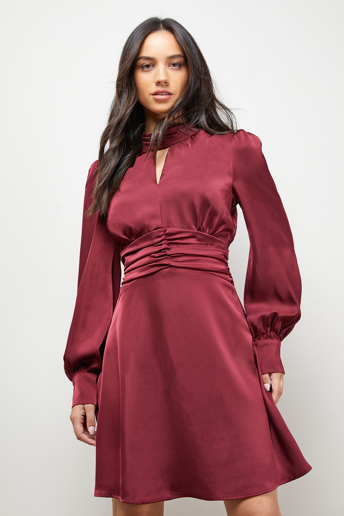 Oasis Satin Ruched Waist High Neck Balloon Sleeve Mini Dress Merlot