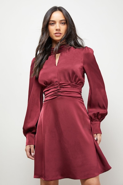 Oasis Satin Ruched Waist High Neck Balloon Sleeve Mini Dress Merlot
