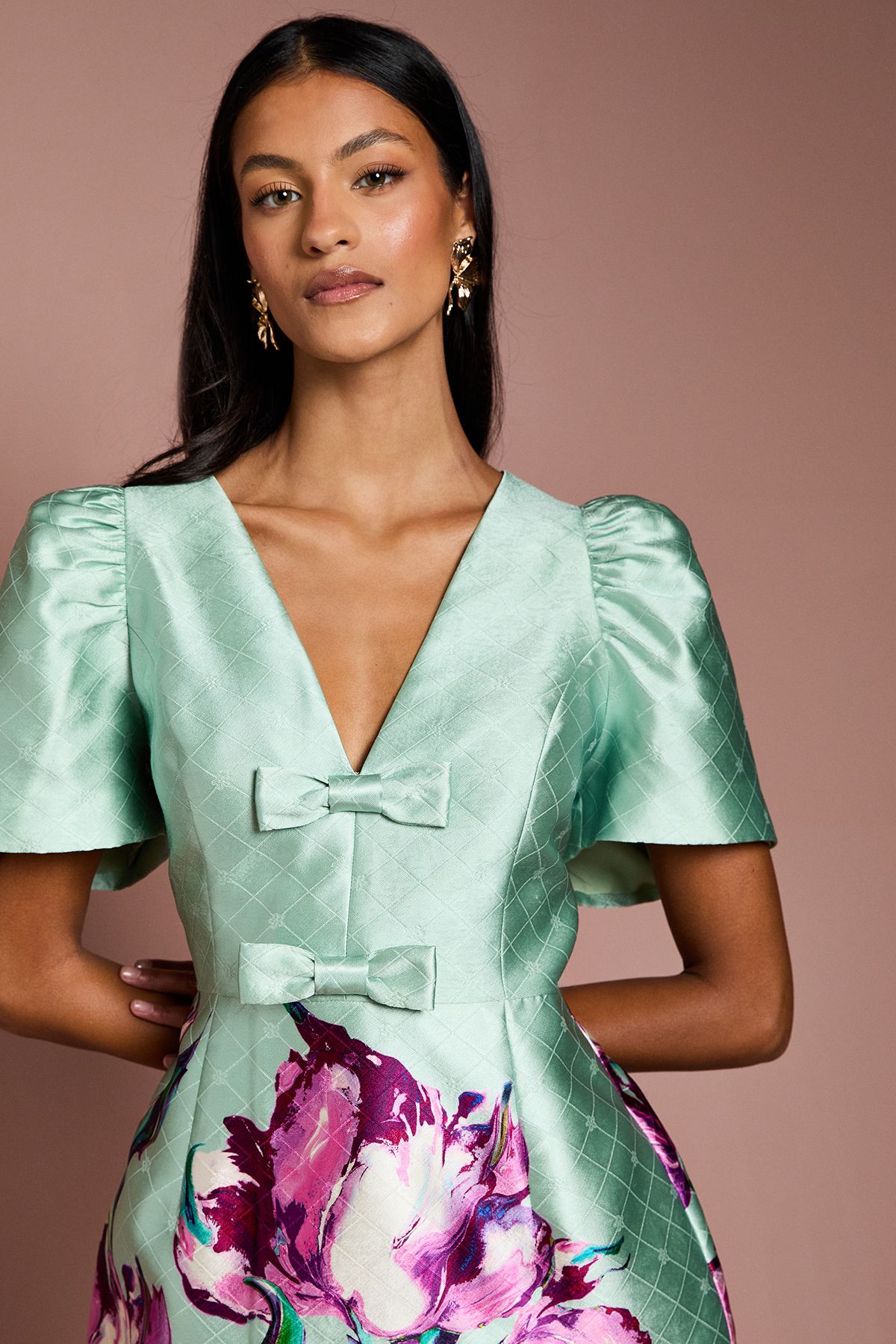 Coast Petite Placement Print Bow Detail Mini Dress Sage image 4