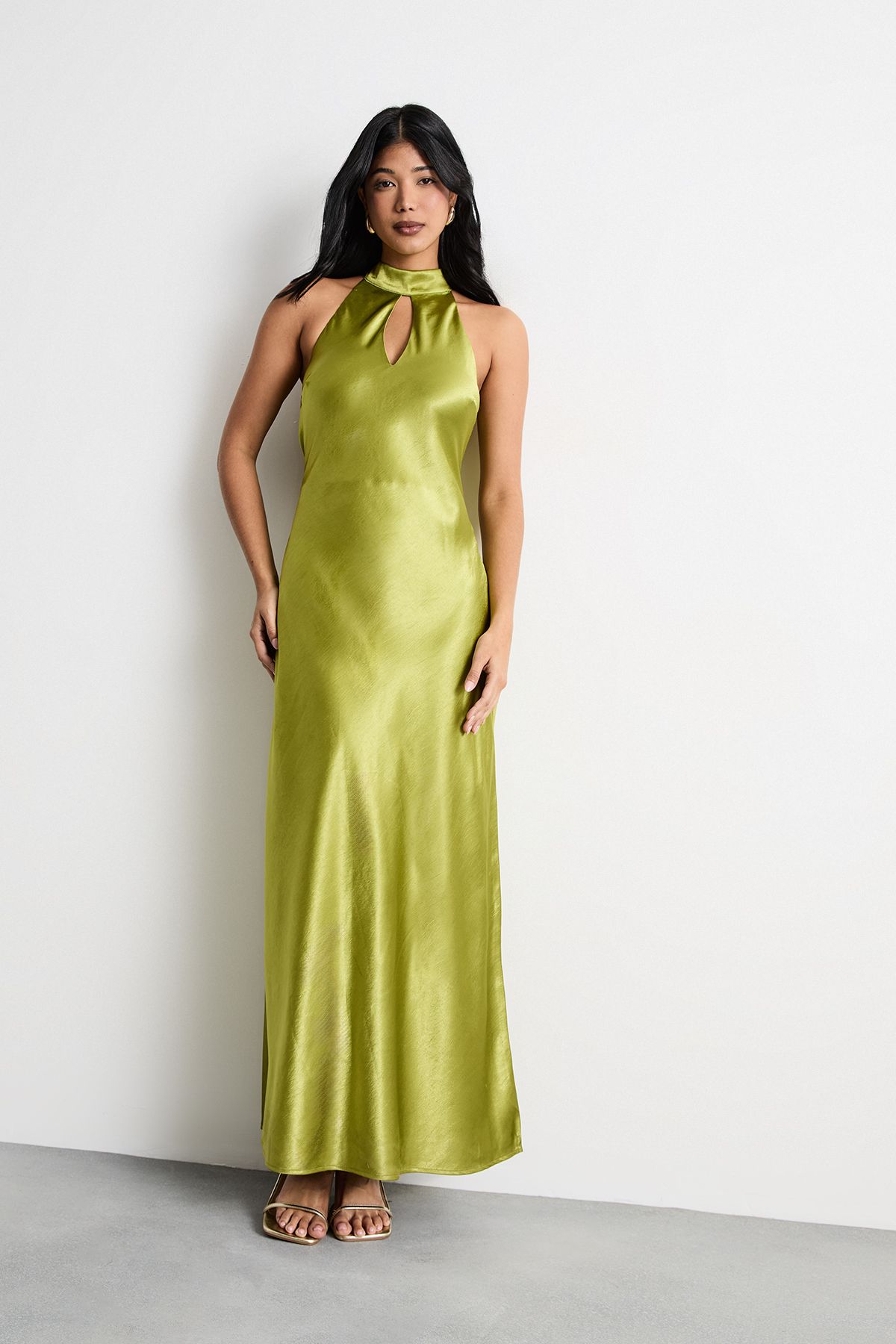 Warehouse Satin Tie Neck Cowl Front Maxi Dress Olive image 1