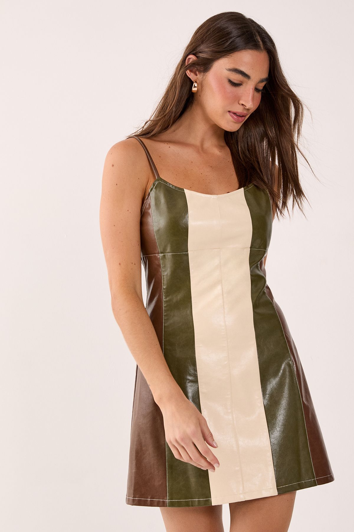 NastyGal Panelled Colour Block Faux Leather Strappy Mini Dress Cream image 4