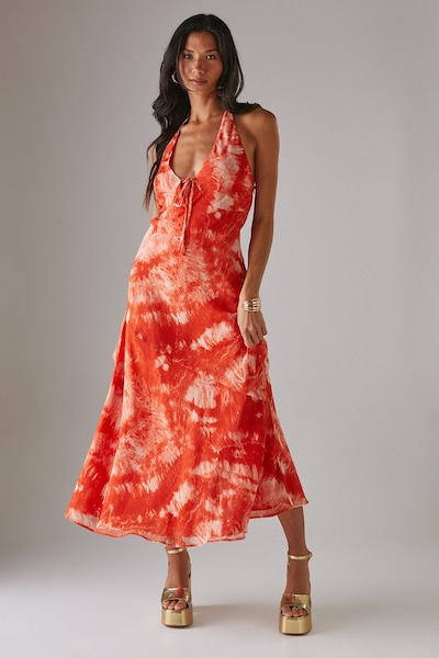 Warehouse Tie Dye Chiffon Bias Low Back Halter Midi Dress Orange