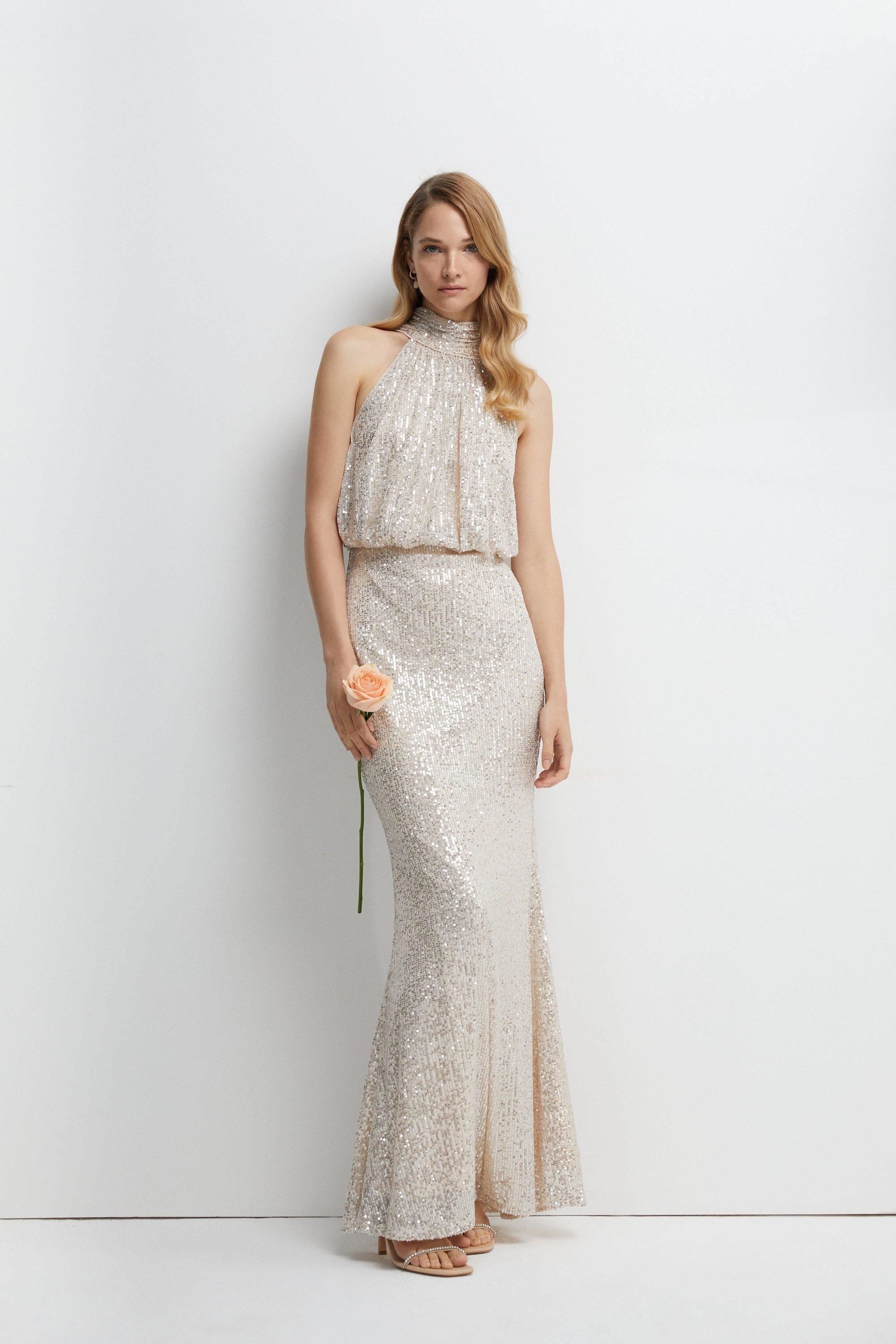 Coast Halterneck Sequin Bridesmaid Maxi Dress Champagne image 1