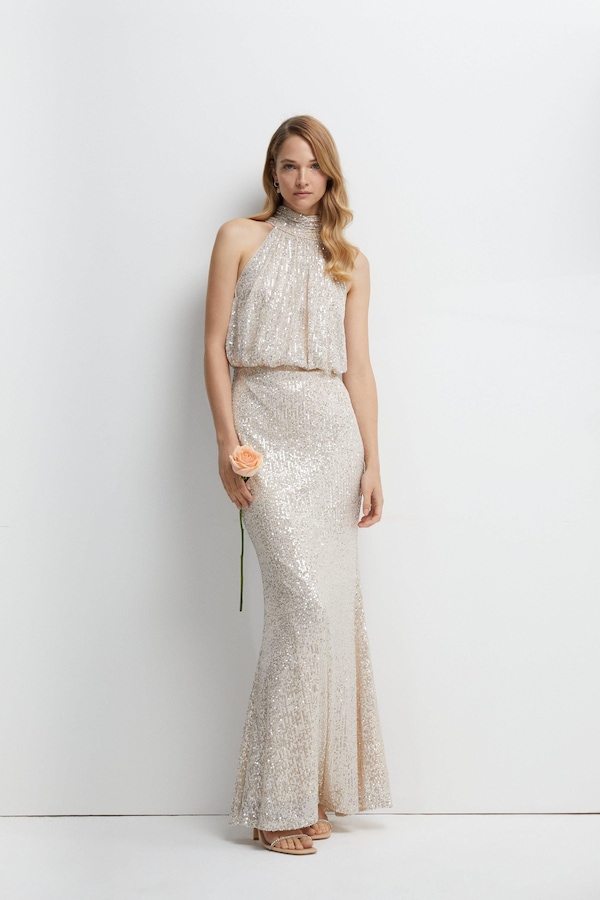 Coast Halterneck Sequin Bridesmaid Maxi Dress Champagne