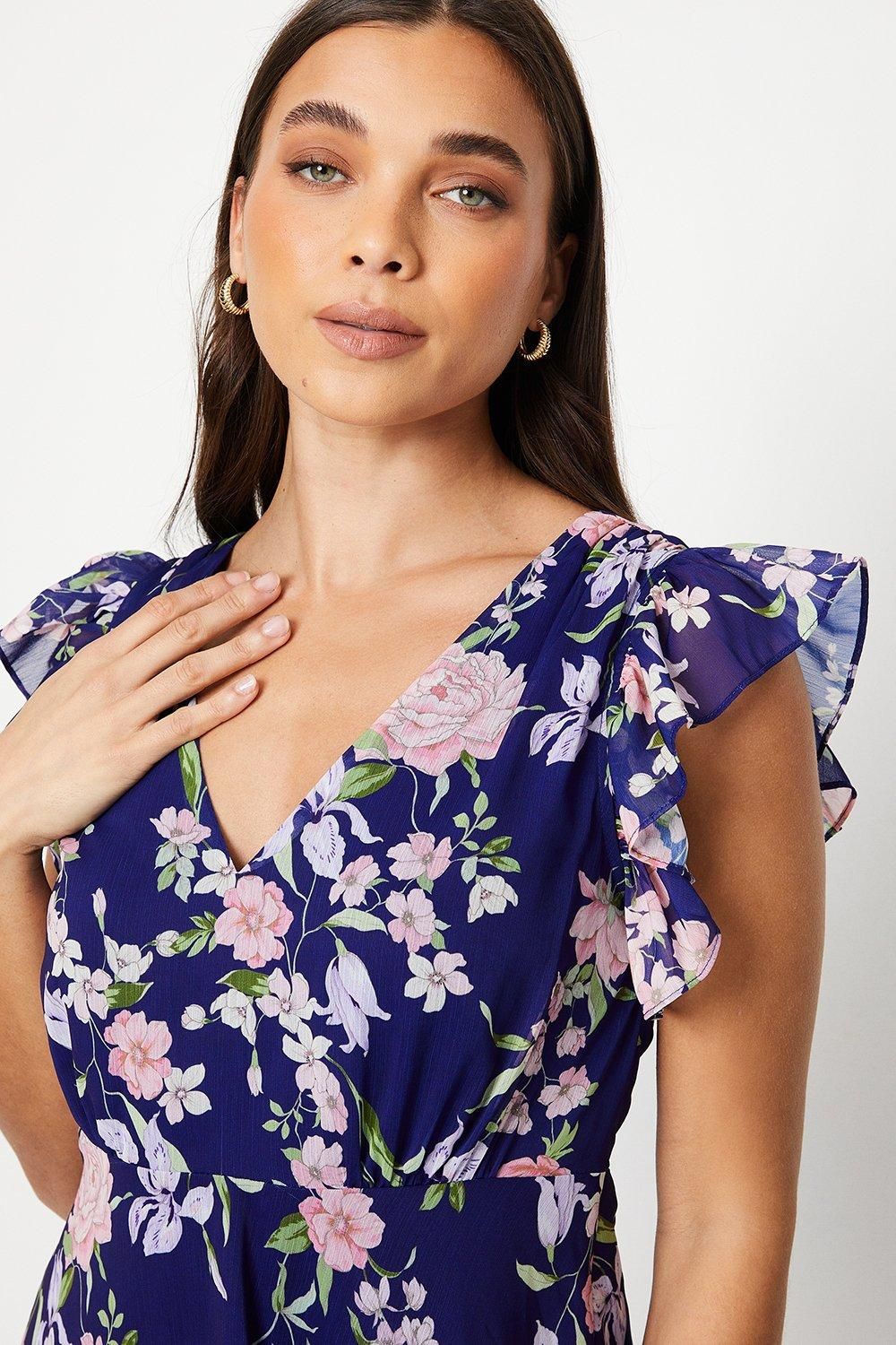 Oasis Petite Ruffle Shoulder Midi Dress Navy image 2