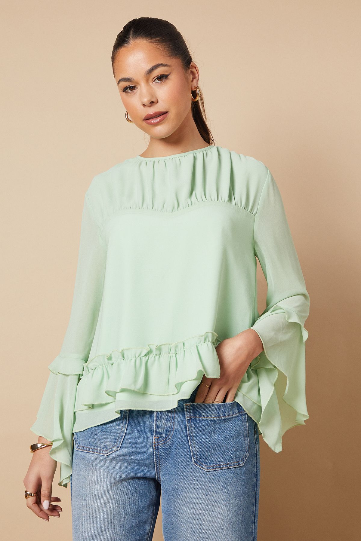 Oasis Ruched Waist 3/4 Sleeve Blouse Mint image 1