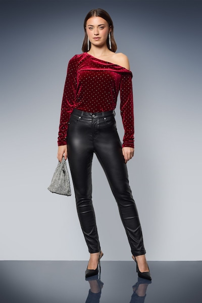 Dorothy Perkins Diamante Velvet Bardot Long Sleeve Top Berry