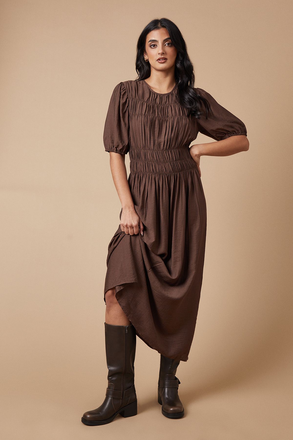 Oasis Shirred Bodice Puff Sleeve Midi Dress Brown image 2