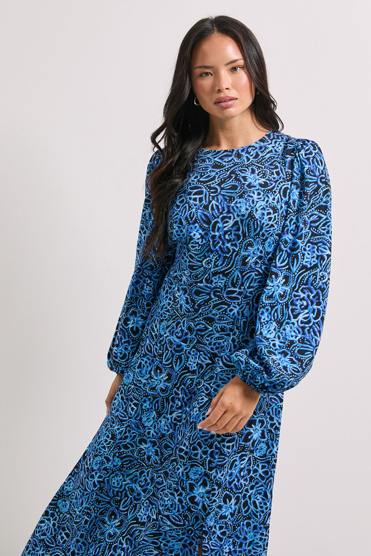 Dorothy Perkins Empire Blue Floral Seam Split Detail Printed Midi Dress Blue image 2