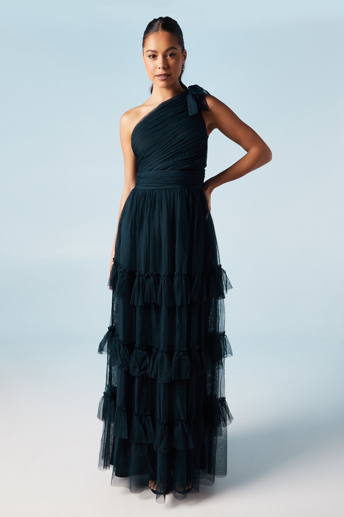 Oasis Pleated Mesh One Shoulder Tiered Maxi Bridesmaid Maxi Dress Navy image 1