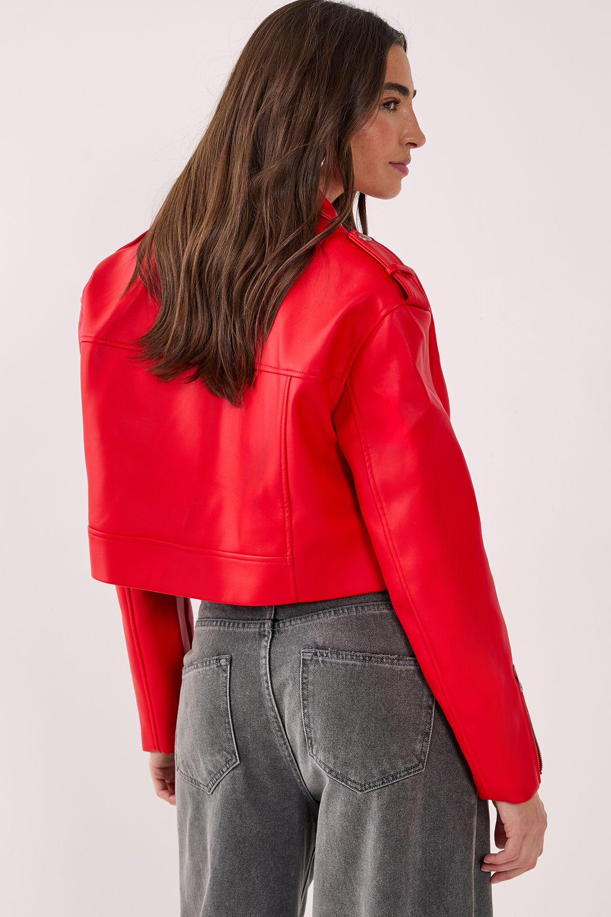 NastyGal Essentials Cropped Faux Leather Boxy Biker Red image 4