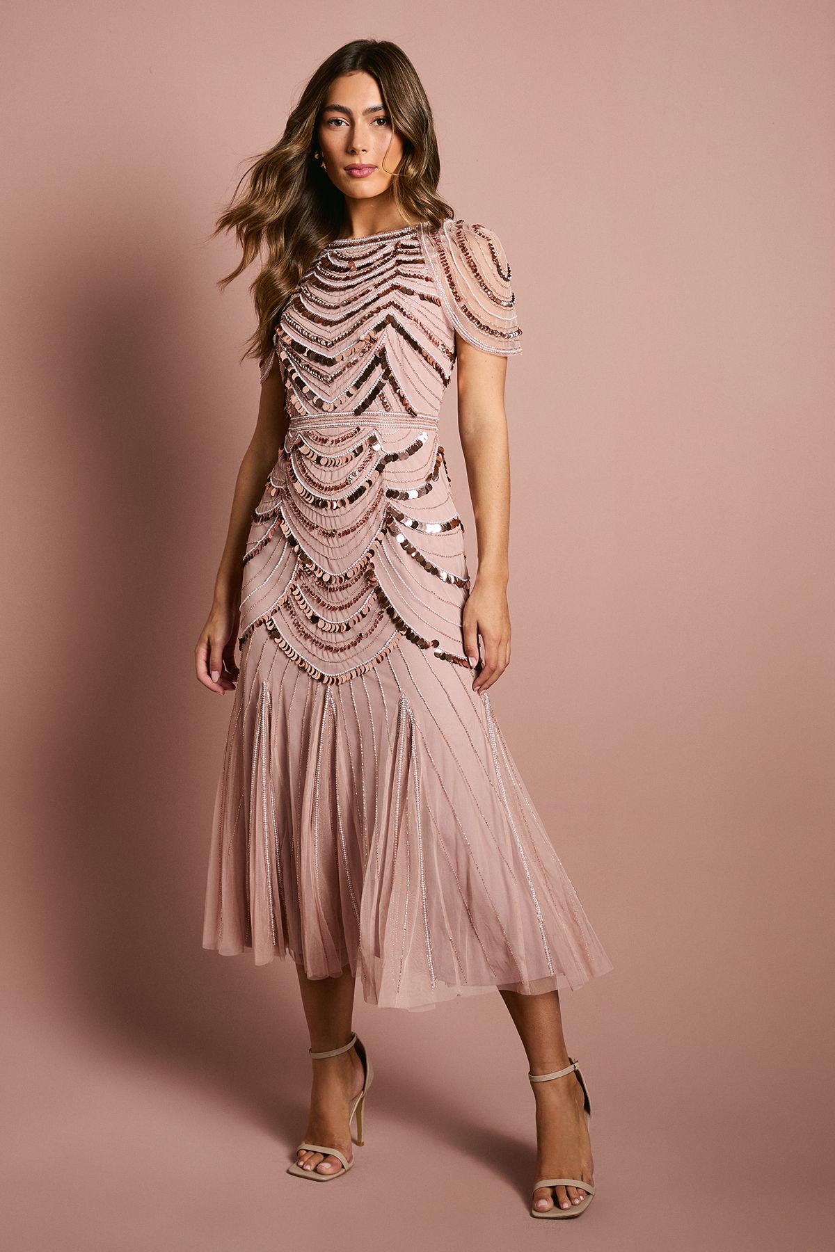 Coast Cape Shoulder Embellished Midi Dress Blush