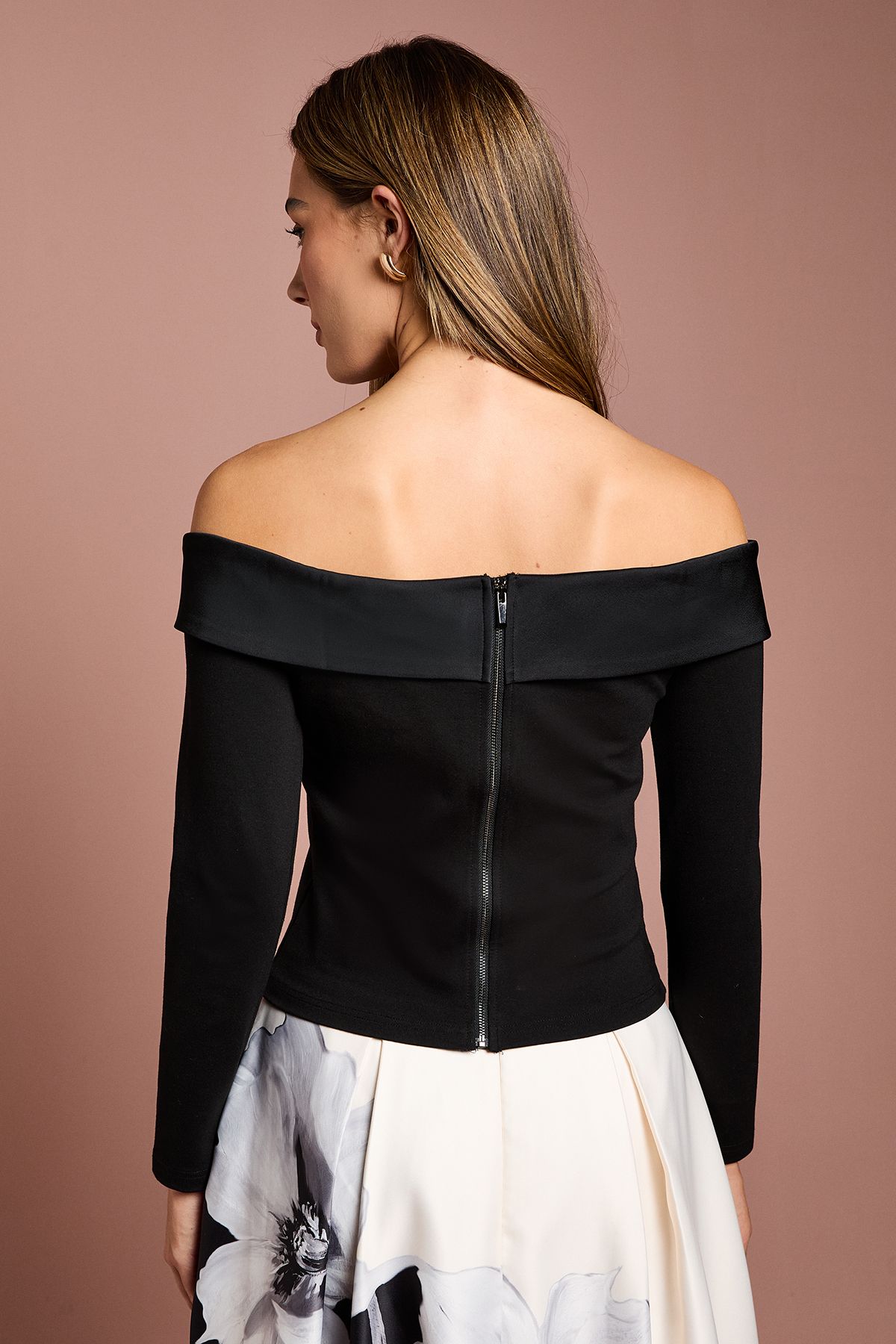 Coast Long Sleeve Satin Trim Bardot Top Black image 4