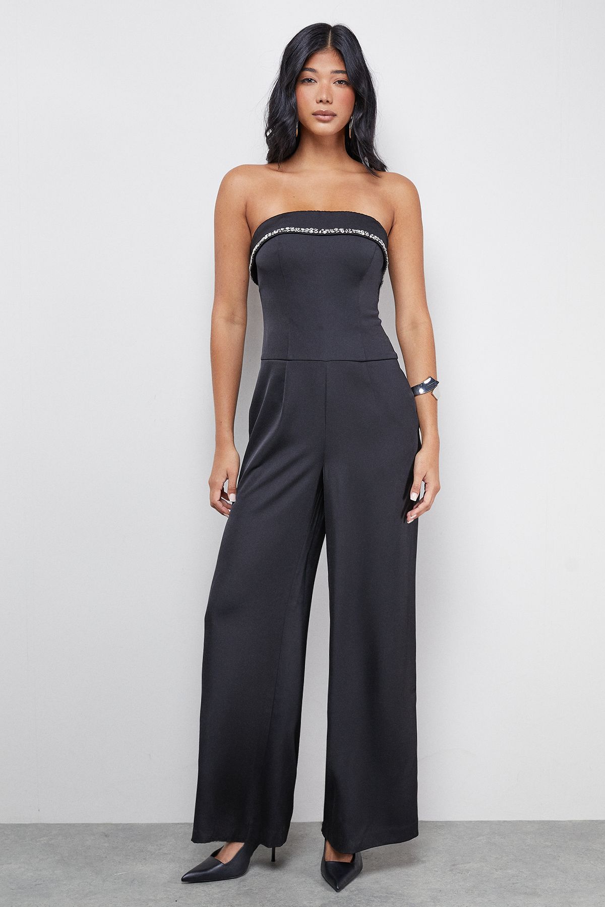 Warehouse Gem Embellished Satin Bandeau Jumpsuit Black image 1