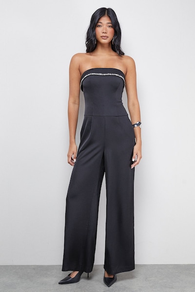 Warehouse Gem Embellished Satin Bandeau Jumpsuit Black
