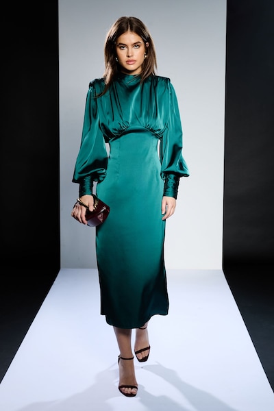 RUNWAY 1.8.1.8 Runway 1.8.1.8 High Neck Long Sleeve Satin Midi Dress Green