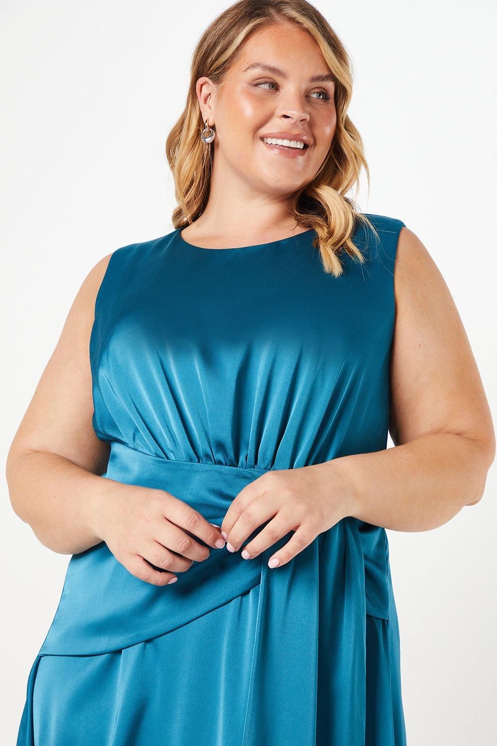 Coast Plus Satin Tie Waist Detail Midi Wedding Guest Dress Teal image 4