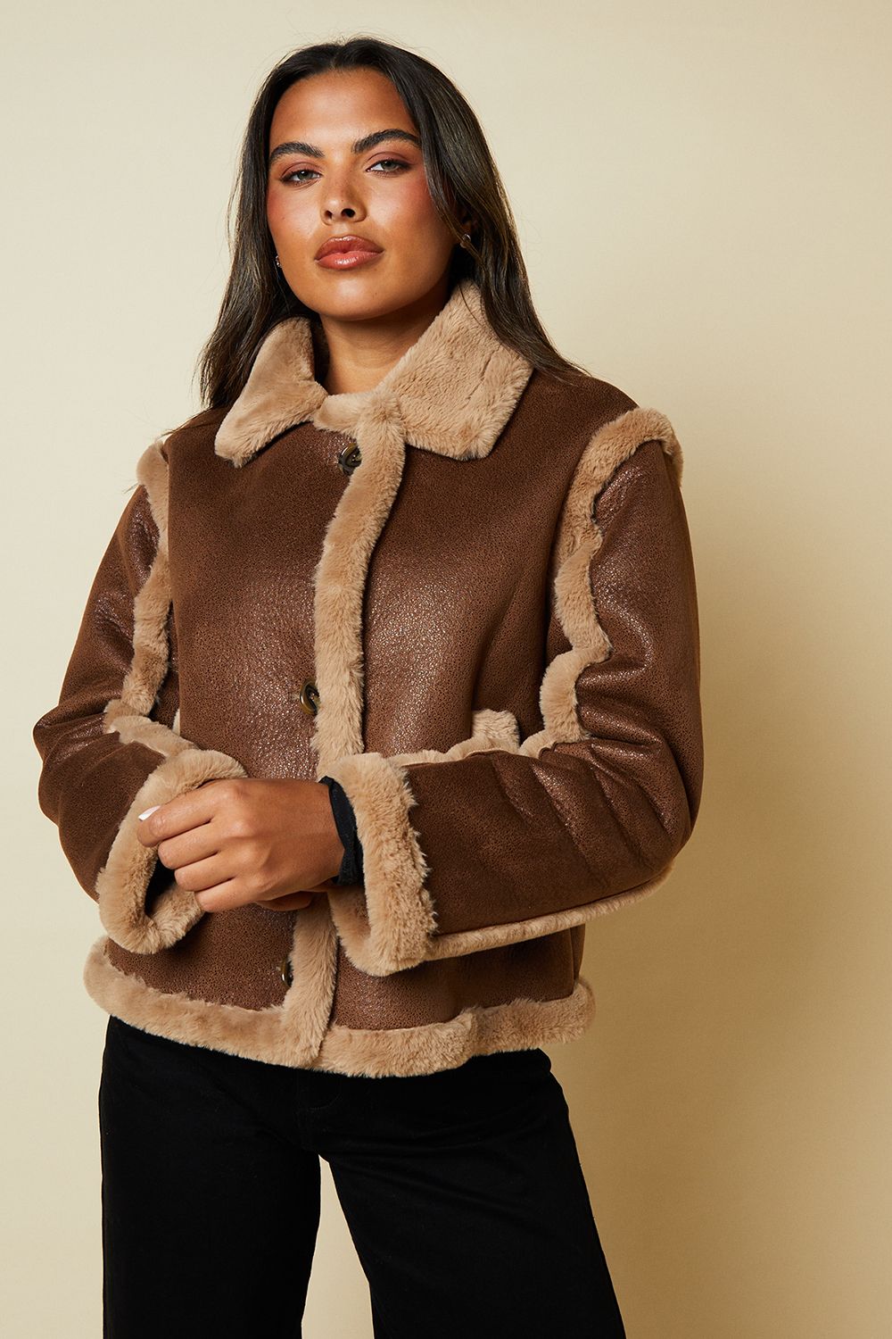 Dorothy Perkins Brown Suede Cropped Aviator Jacket Brown image 1