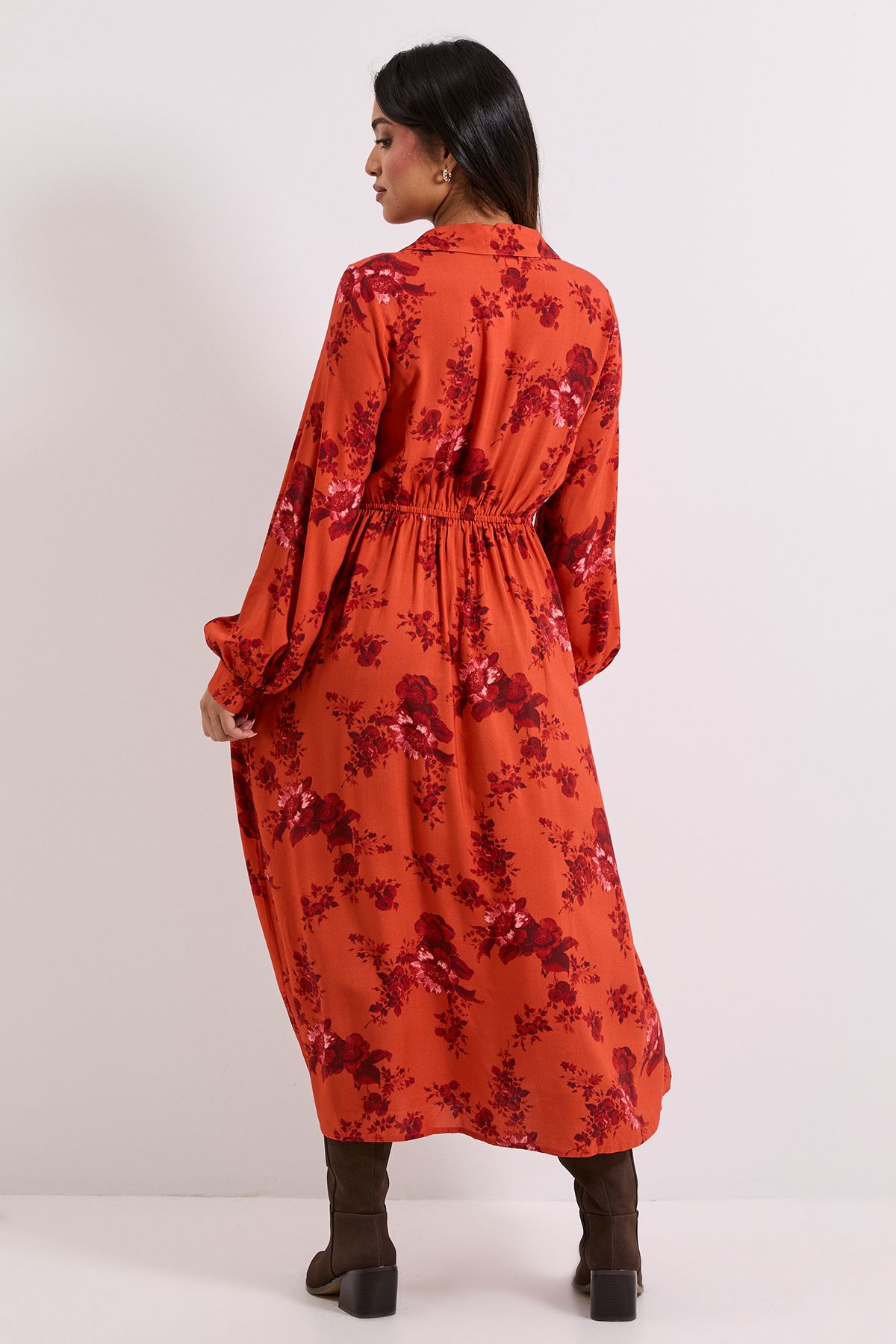 Dorothy Perkins Petite Seam Detail Collared Blouson Sleeve Printed Midi Dress Rust image 3