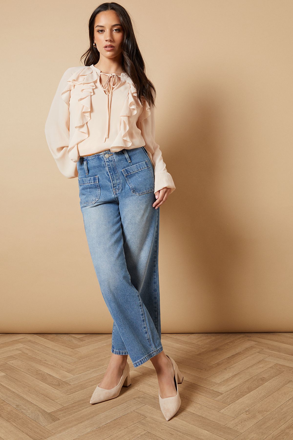 Oasis Vern Faux Suede Pointed Block Court Shoes Beige image 2