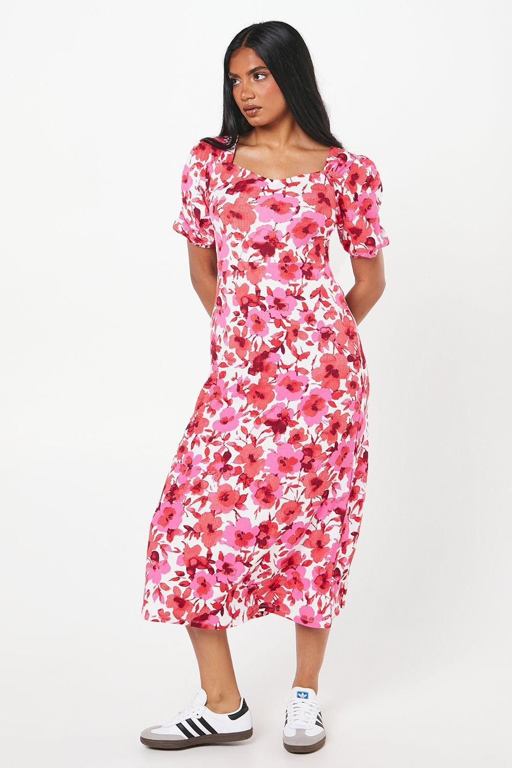 Dorothy Perkins Petite Pink Floral Sweetheart Neck Midi Dress Floral