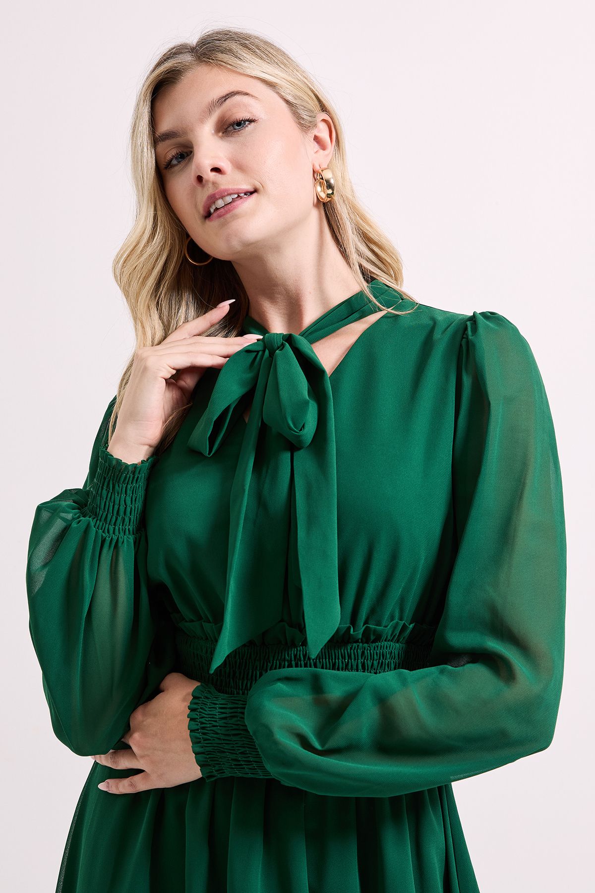 Dorothy Perkins Bow Tie Neck Detail Shirred Waist Midi Dress Forest image 3