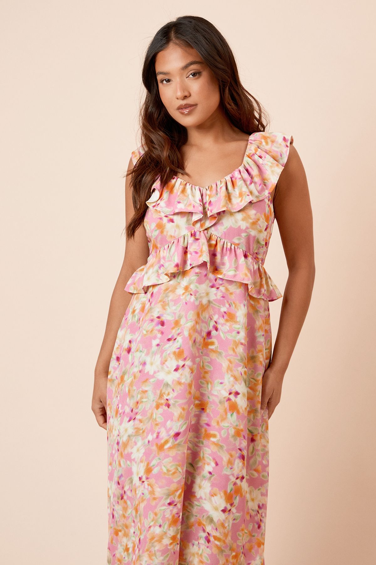 Dorothy Perkins Petite Floral Frill Neckline Tie Back Midi Dress Floral image 4