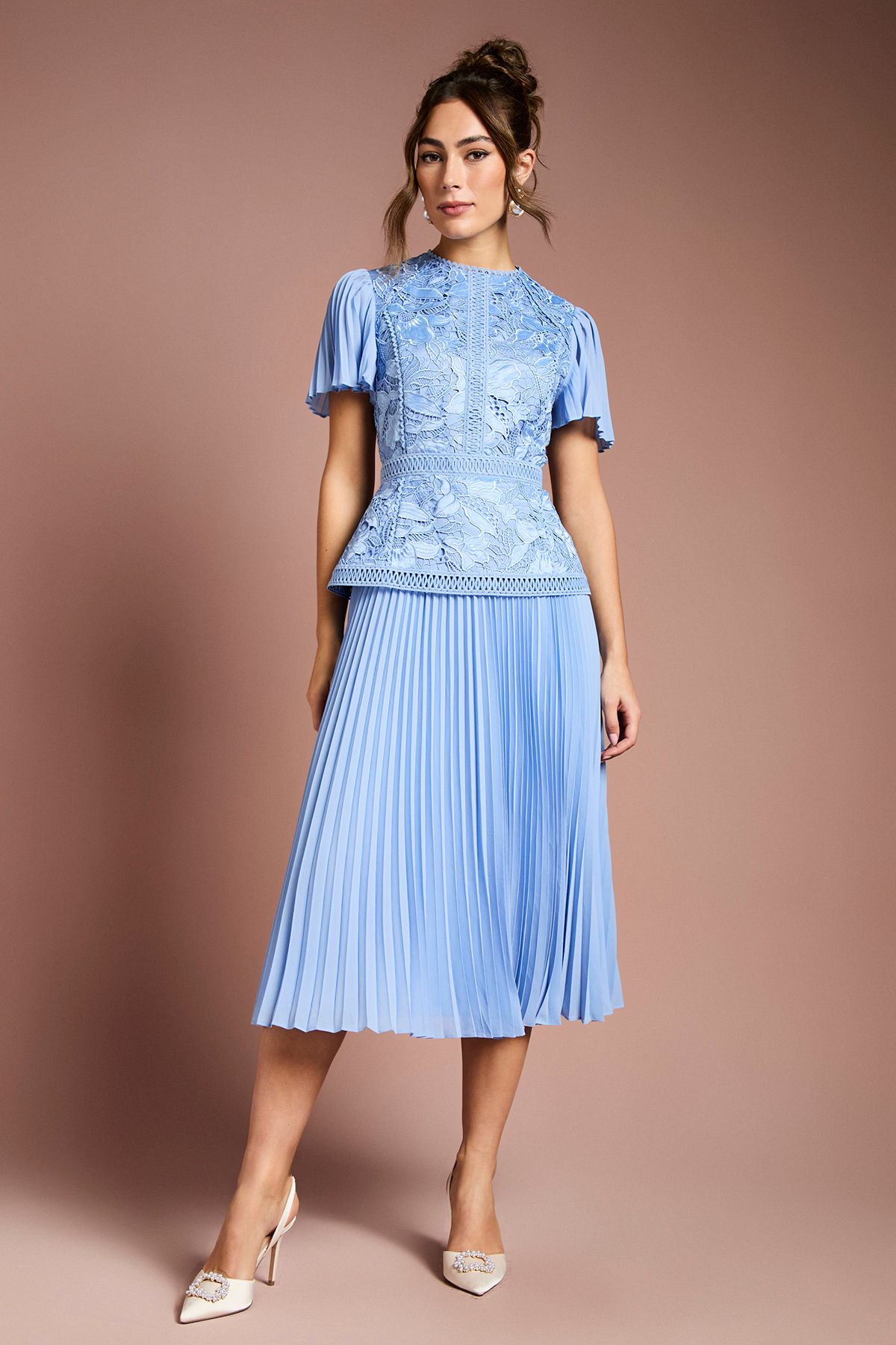 Coast Short Sleeve Satin Lace Midi Dress Powder Blue image 1