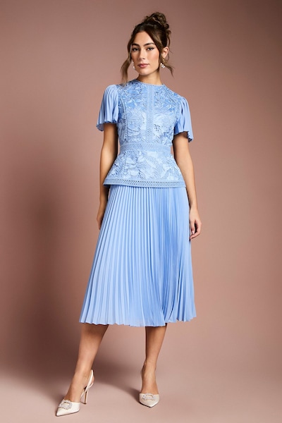 Coast Short Sleeve Satin Lace Midi Dress Powder Blue