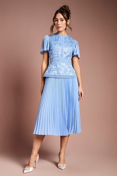 Coast Short Sleeve Satin Lace Midi Dress Powder Blue