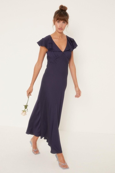 Oasis Frill V Neck Satin Bias Midaxi Dress Navy