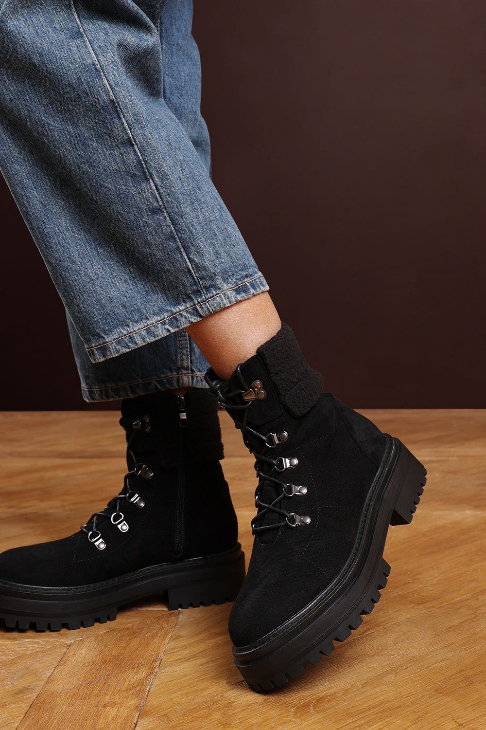 Where's That From 'Una' Suede Lace-Up Ankle Boots with Faux Fur Trim and Chunky Sole image 1