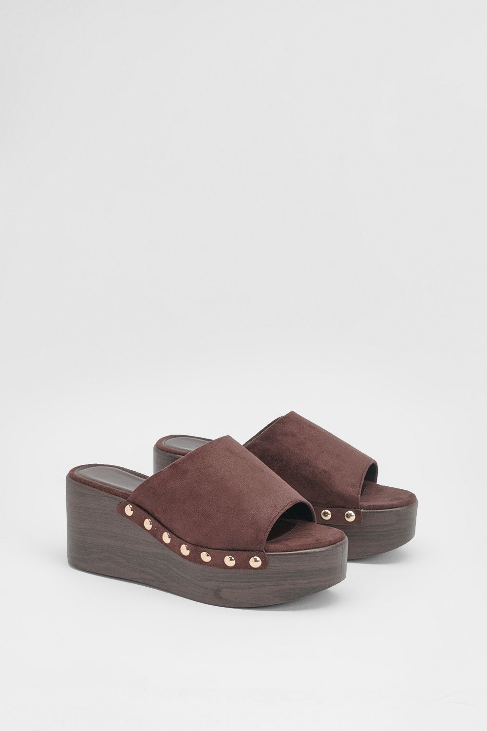 Oasis Pattie Faux Suede Chunky Casual Wedge Mules Chocolate