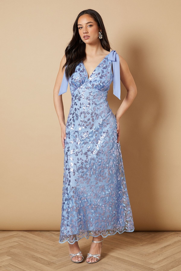 Oasis Embellished Floral V Neck Midaxi Dress Blue