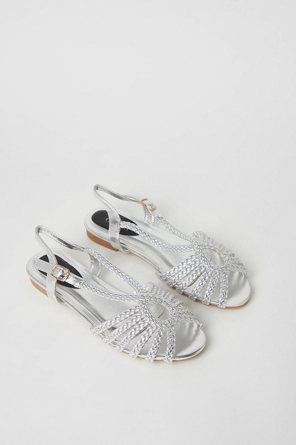 Oasis Bronte Plaited Slingback Peeptoe Flat Sandals Silver image 3