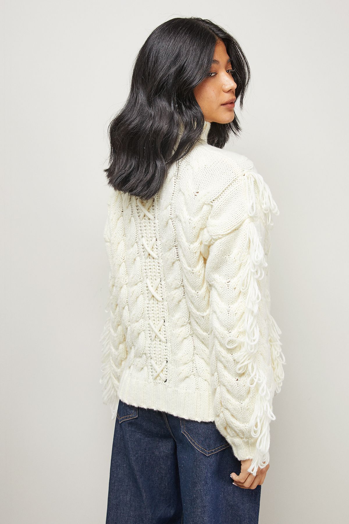 Warehouse Fringe Cross Back Cable Jumper Cream image 3