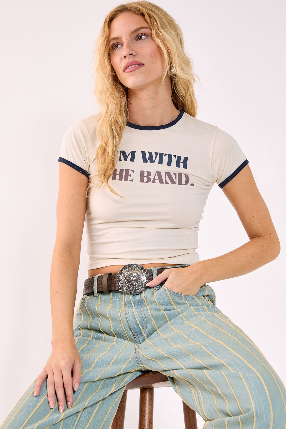 NastyGal I'm With The Band Ringer Baby T-Shirt Ecru image 2