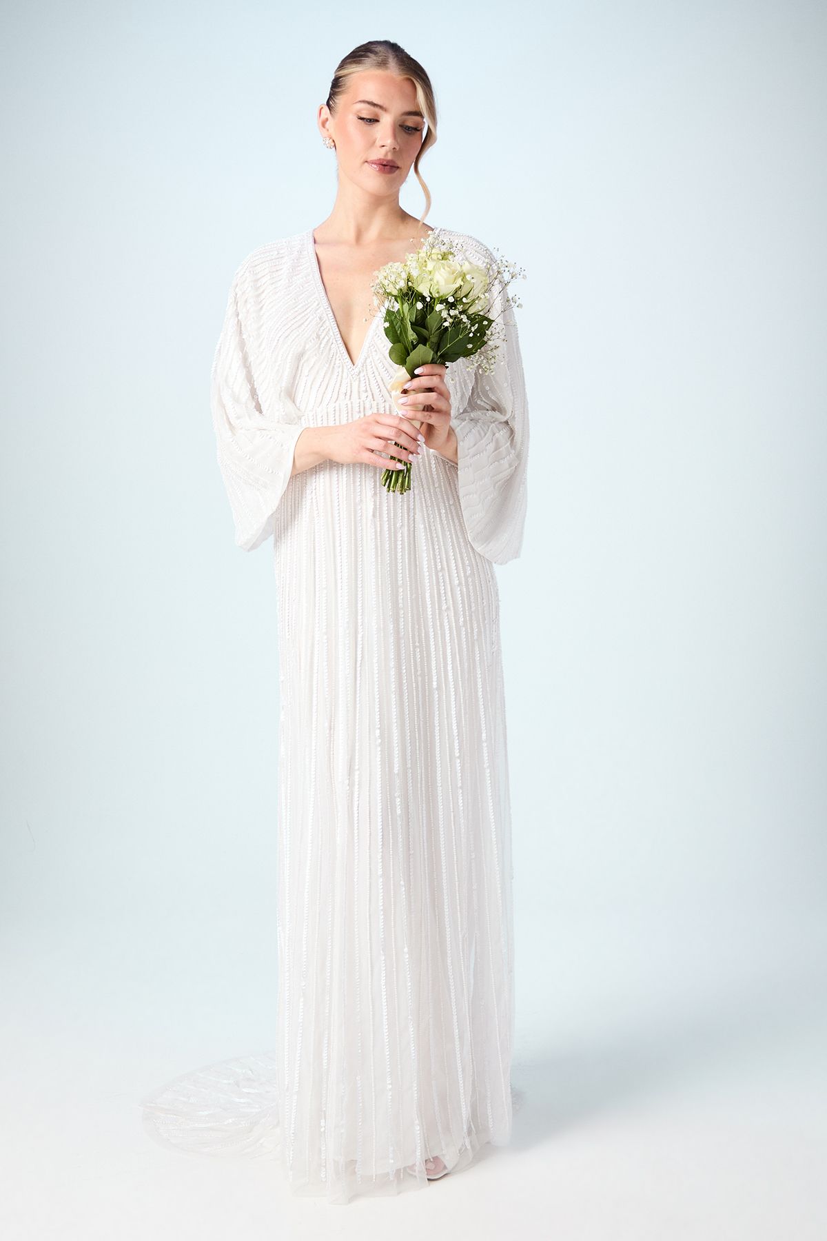 Coast V Neck Sequin Kimono Sleeve Wedding Dress Ivory