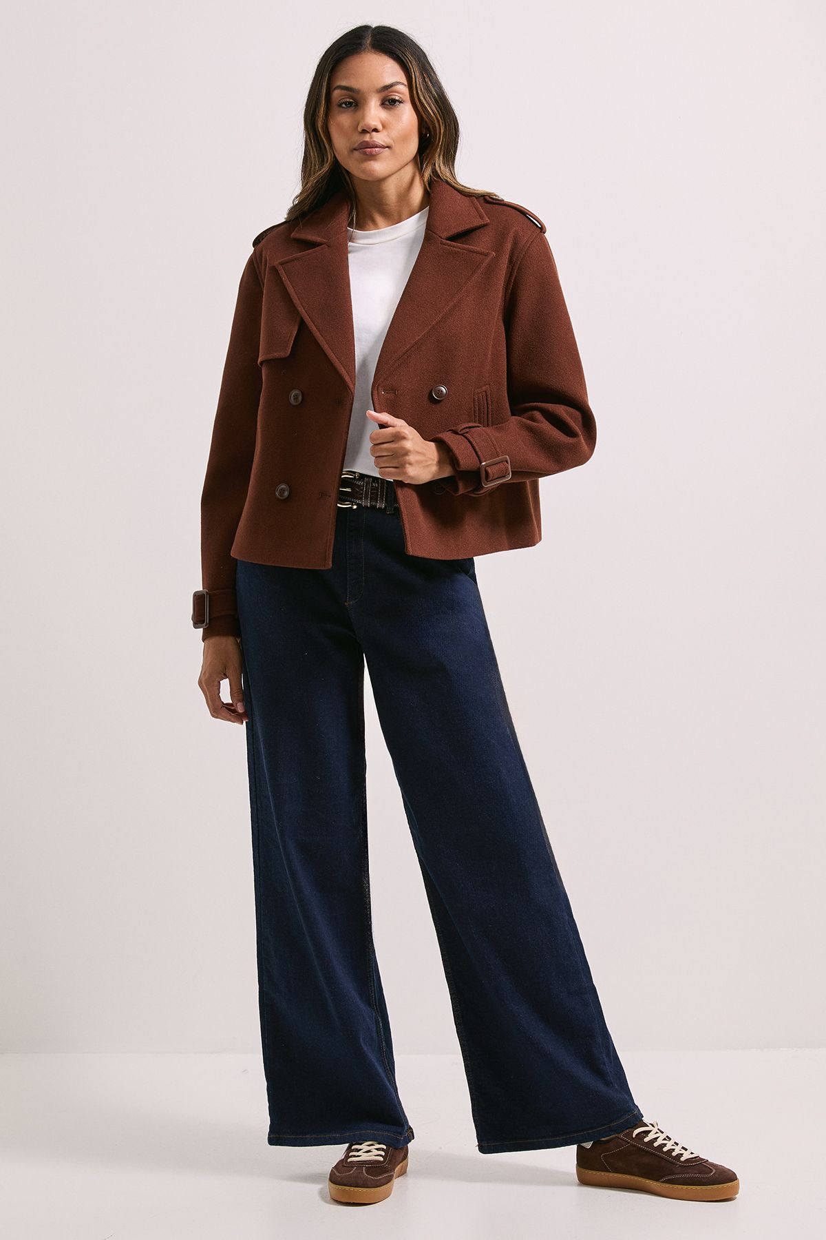 Dorothy Perkins Short Faux Wool Trench Coat Chocolate image 2