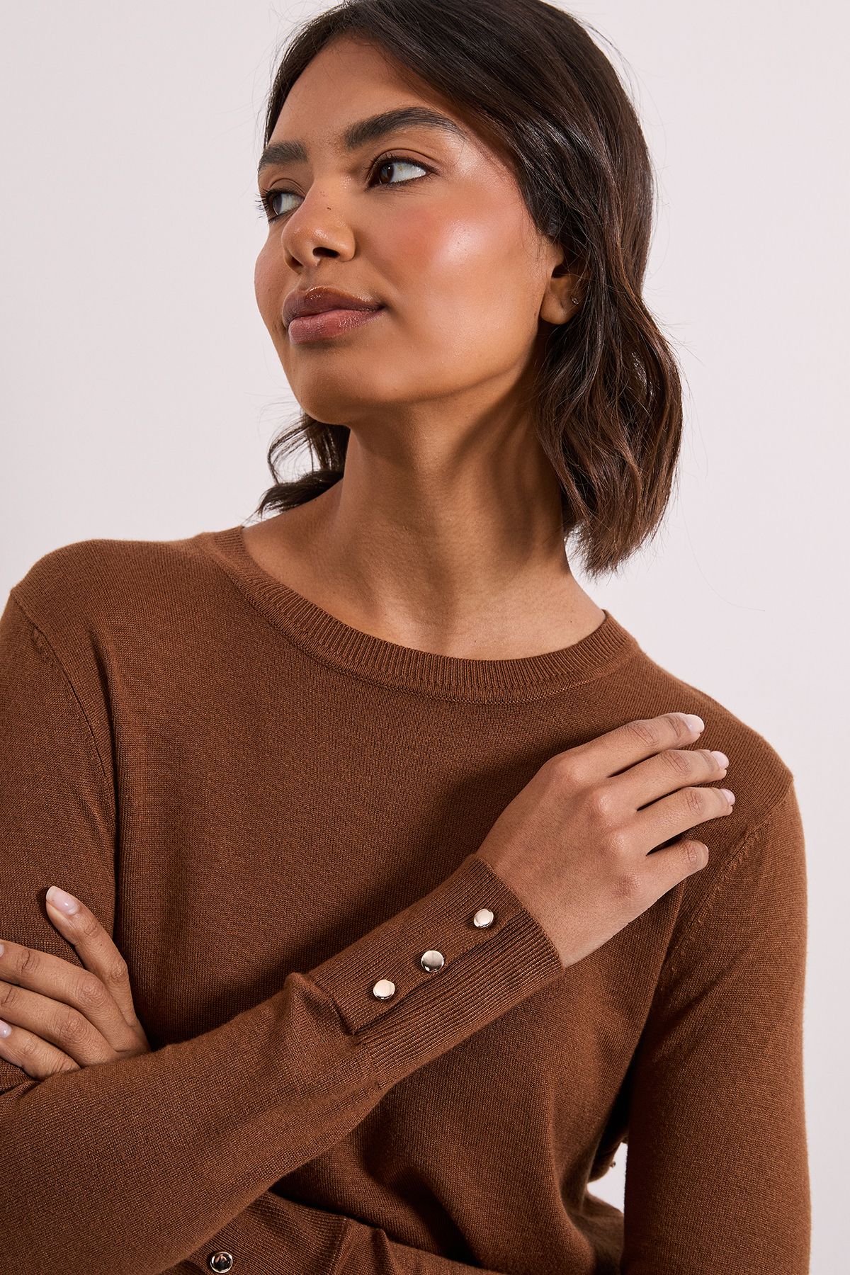 Dorothy Perkins Chocolate Crew Neck Button Cuff Jumper Chocolate image 4