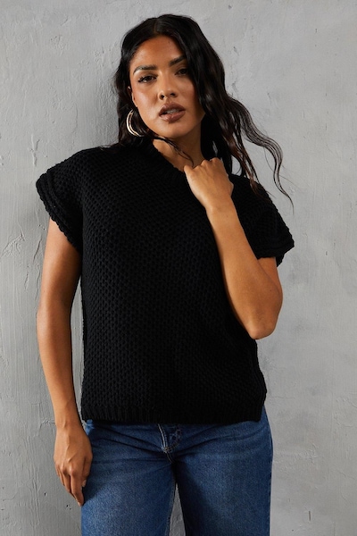 MissPap Knitted Cap Sleeve Dipped Hem Jumper Black