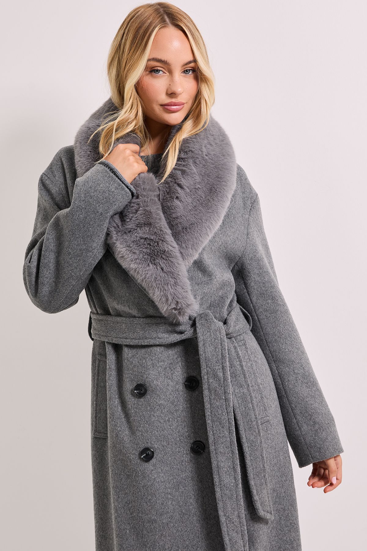 Dorothy Perkins Faux Fur Collar Belted Longline Coat Grey image 2