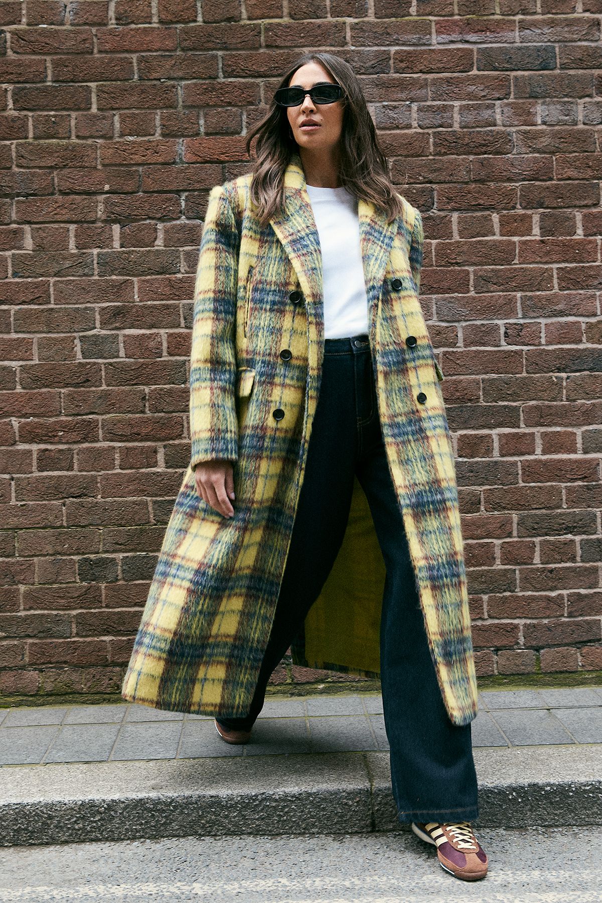 NastyGal Checked Brushed Maxi Coat Yellow